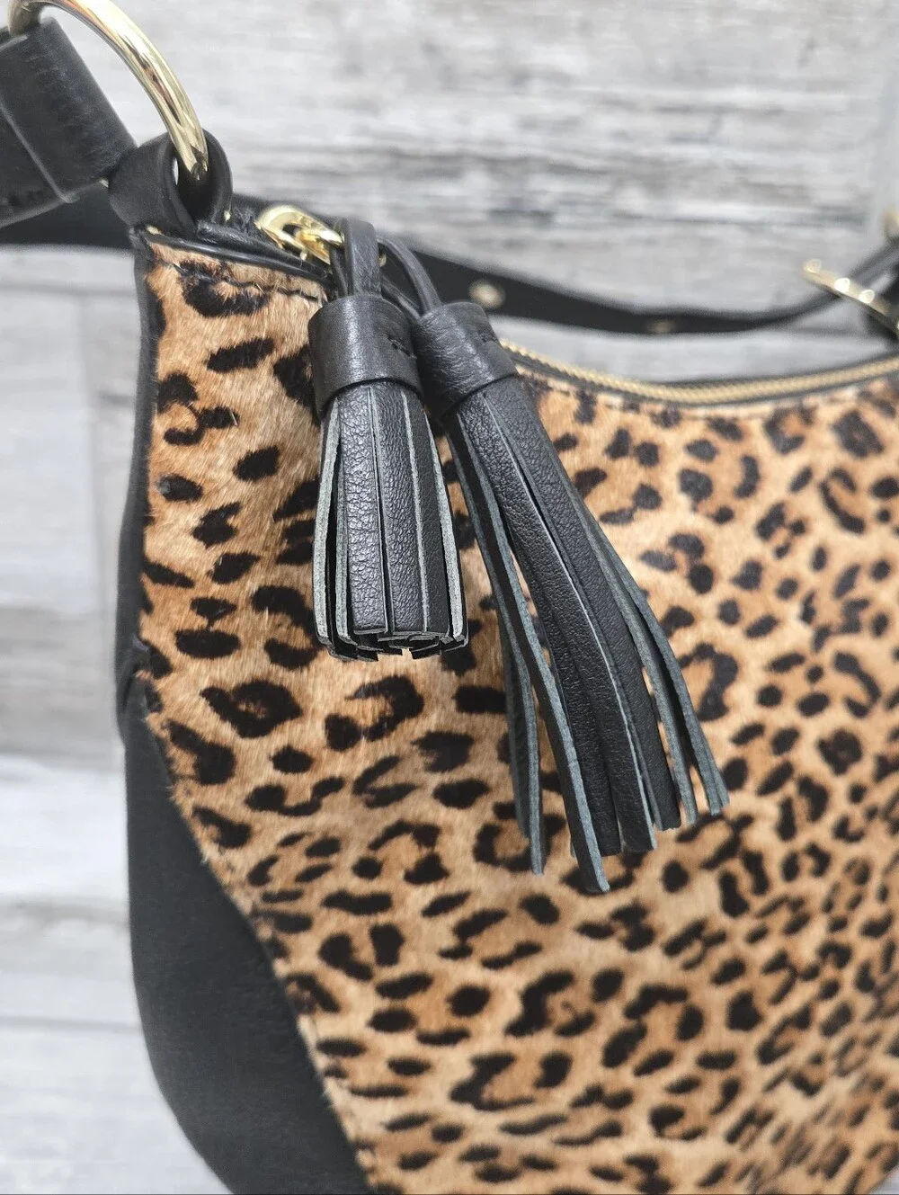 TALBOTS Animal/Leopard Print Calf Hair Pebbled Leather Hobo Style Handbag